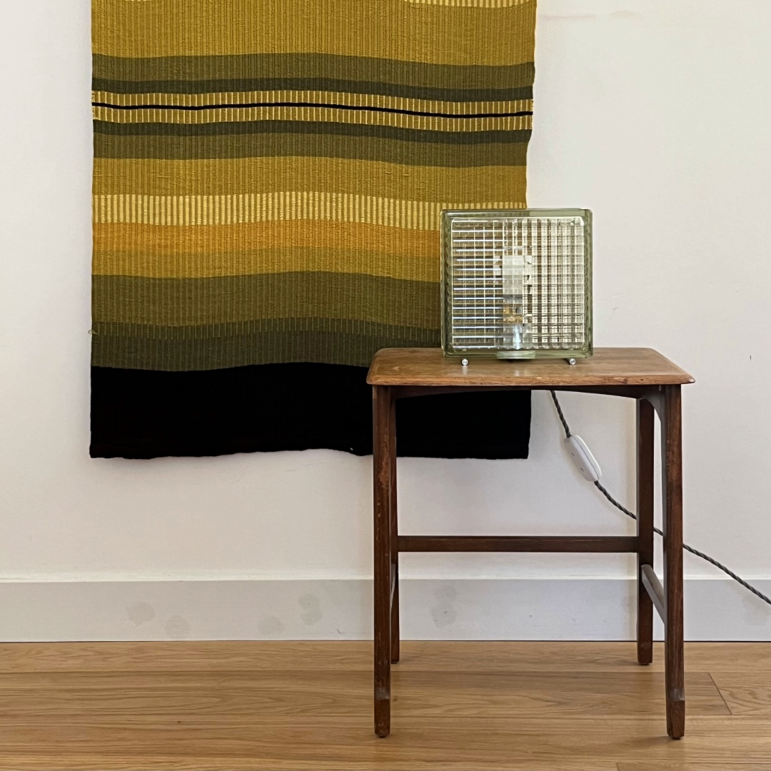 Brutalist glass brick lamp by Ben Beagley made from reclaimed glass brick