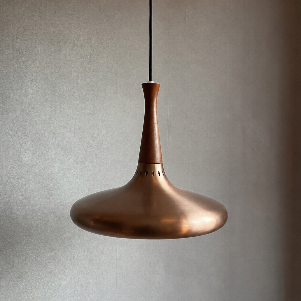 Vintage Danish Mid-Century Pendant Light in Teak and Copper